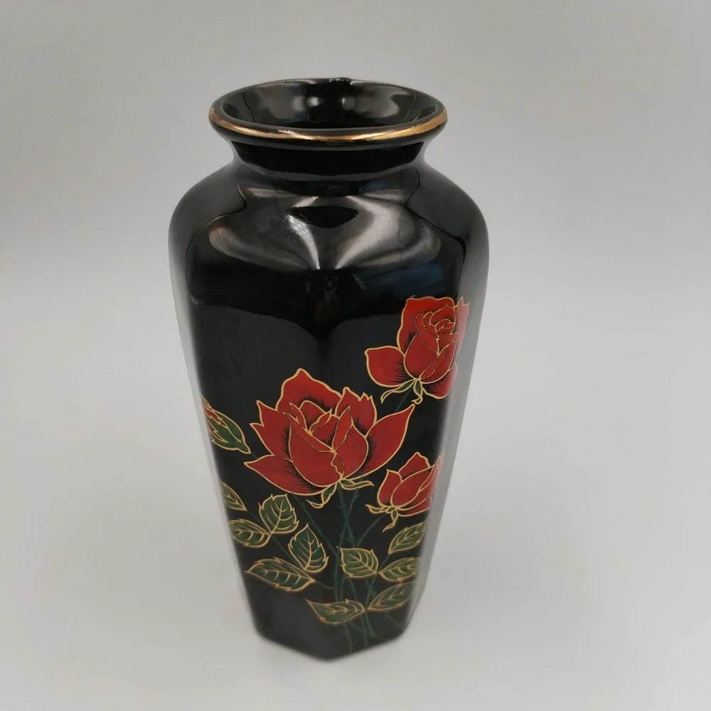 VTG Otagiri Japan Crimson Rose Black Porcelain Vase Octagon Gold‎ Trim 6
